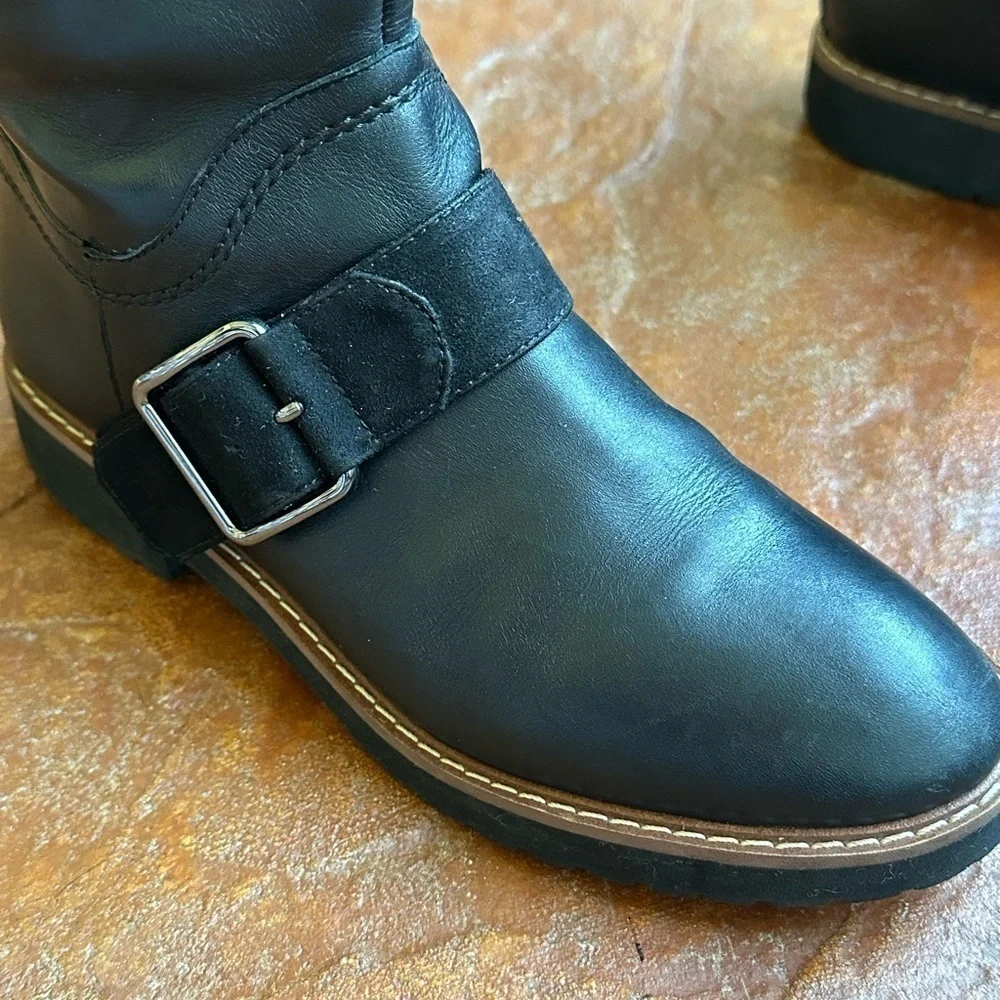 Franco Sarto Black Leather Knee-High Riding Boots with Buckle Sz 5